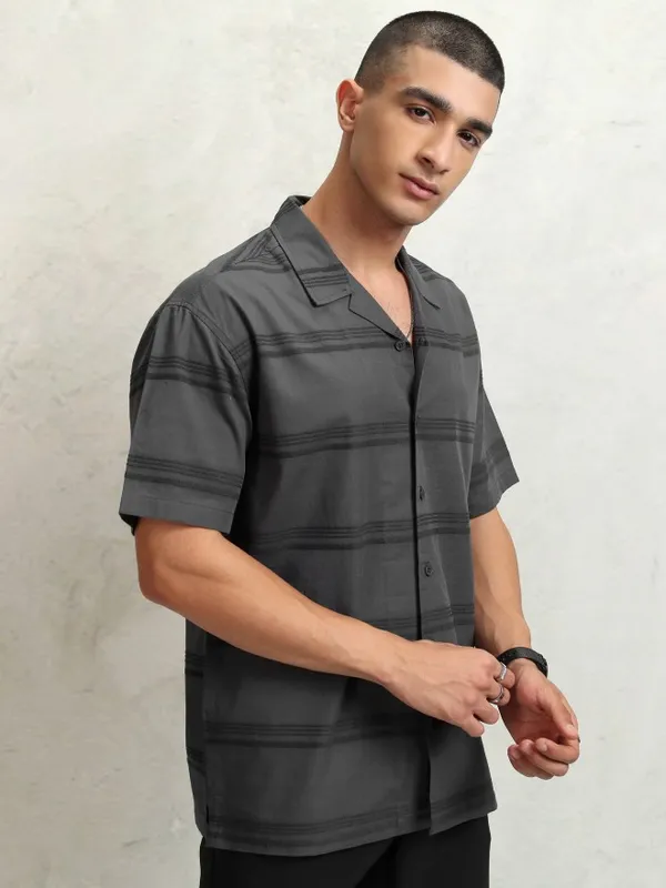 Highlander Men Grey Striped Relaxed Fit Casual Shirt