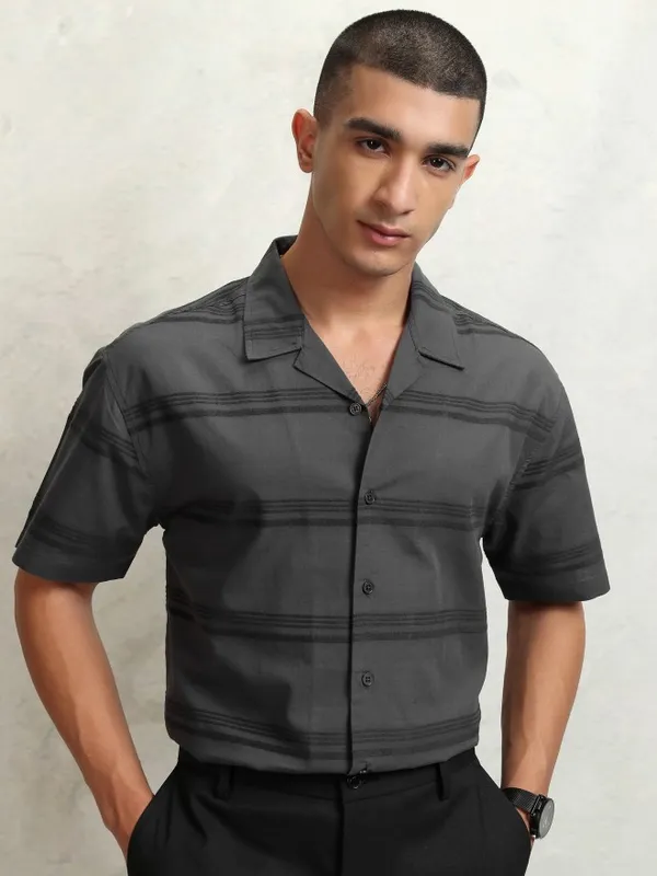 Highlander Men Grey Striped Relaxed Fit Casual Shirt