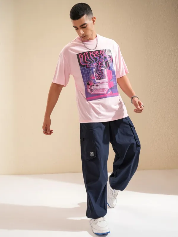Highlander Men Pink Printed Oversized Fit T-Shirt