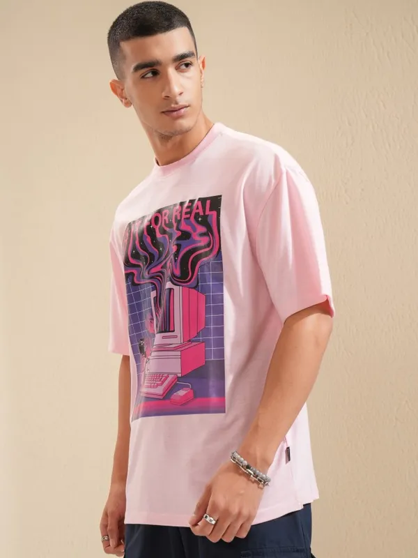 Highlander Men Pink Printed Oversized Fit T-Shirt