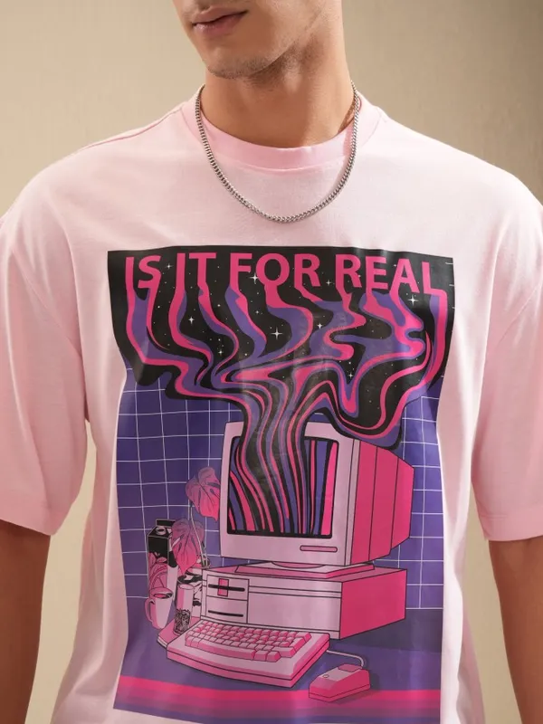 Highlander Men Pink Printed Oversized Fit T-Shirt