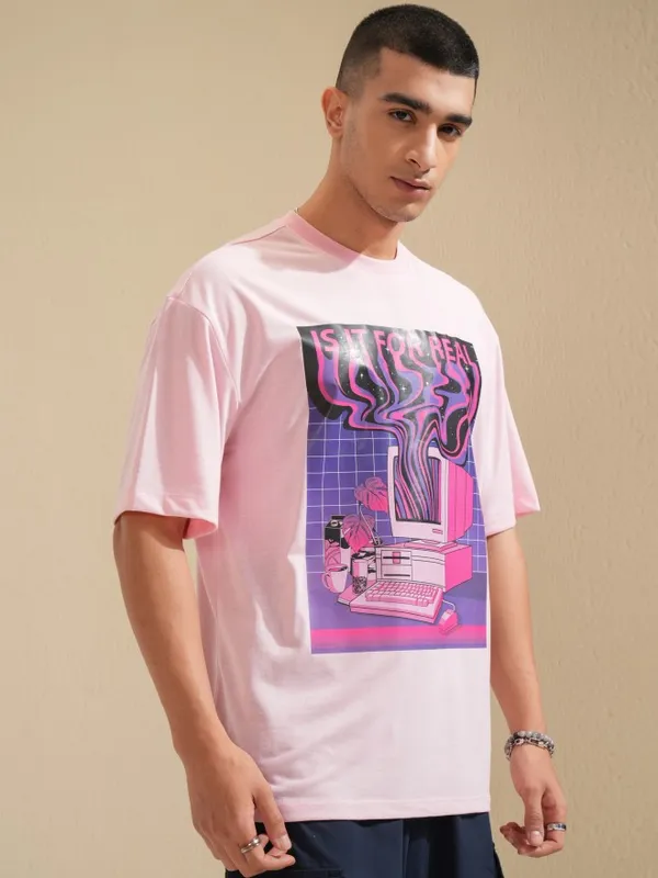 Highlander Men Pink Printed Oversized Fit T-Shirt