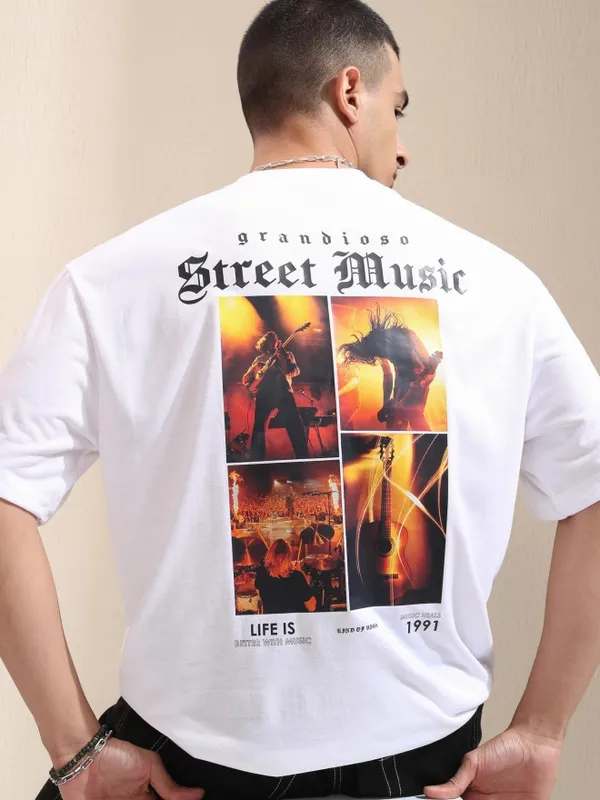 Highlander Men White Printed Round Neck Oversized Fit T-Shirt