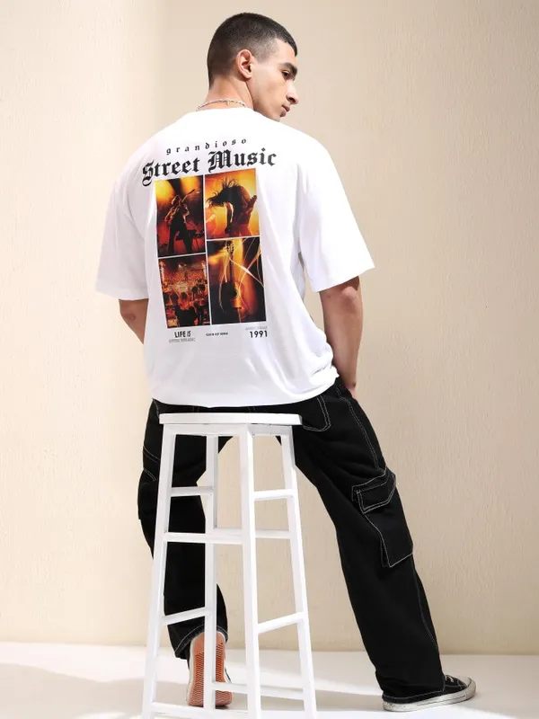 Highlander Men White Printed Round Neck Oversized Fit T-Shirt