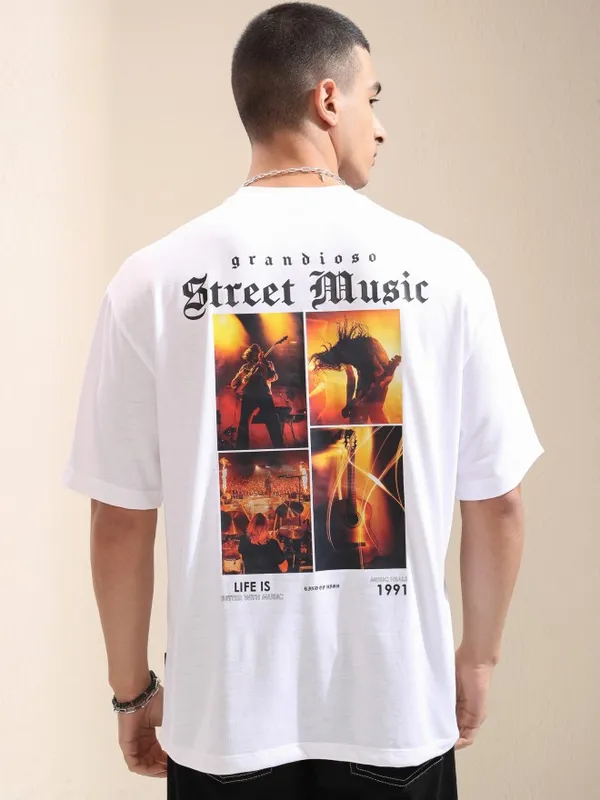 Highlander Men White Printed Round Neck Oversized Fit T-Shirt
