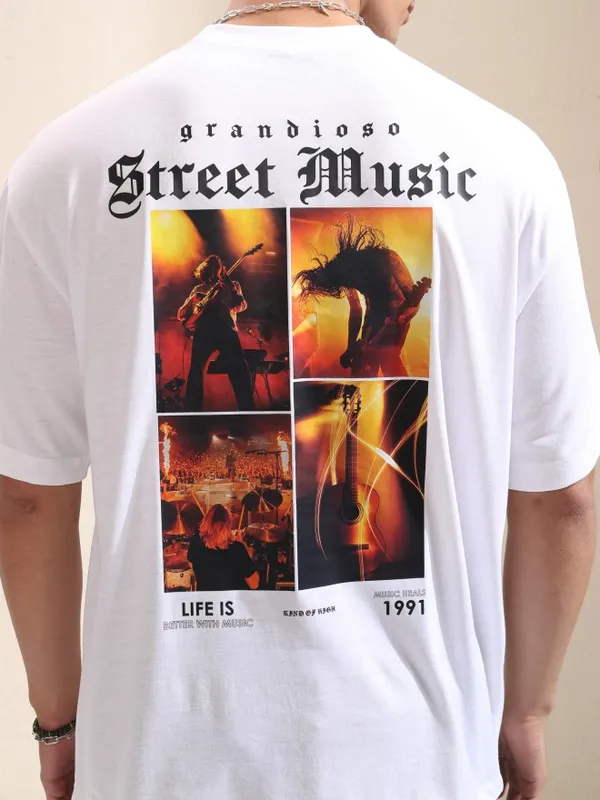 Highlander Men White Printed Round Neck Oversized Fit T-Shirt