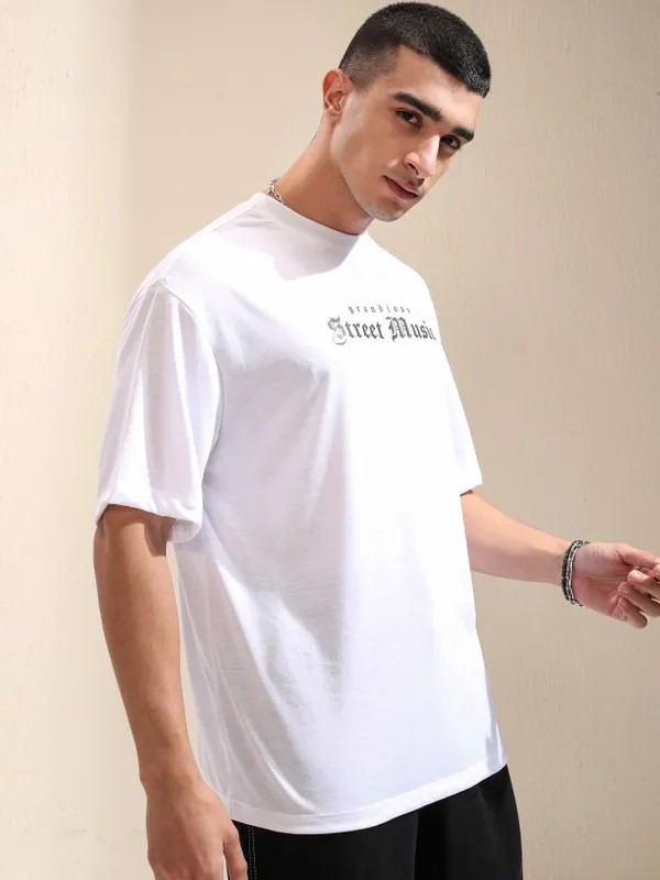 Highlander Men White Printed Round Neck Oversized Fit T-Shirt