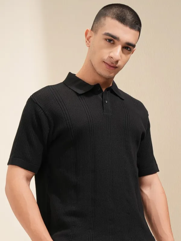 Highlander Men Black Self Design Polo T-Shirt