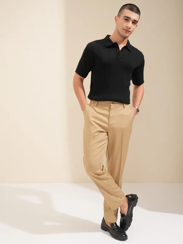 Highlander Men Black Self Design Polo T-Shirt