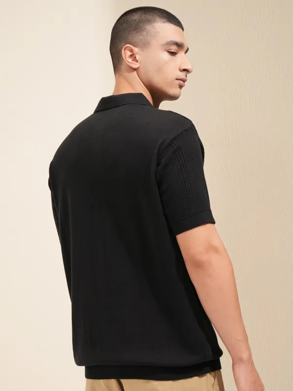 Highlander Men Black Self Design Polo T-Shirt