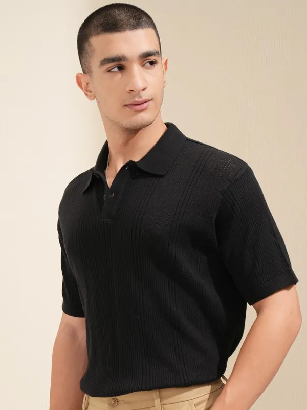 Highlander Men Black Self Design Polo T-Shirt