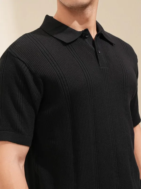 Highlander Men Black Self Design Polo T-Shirt