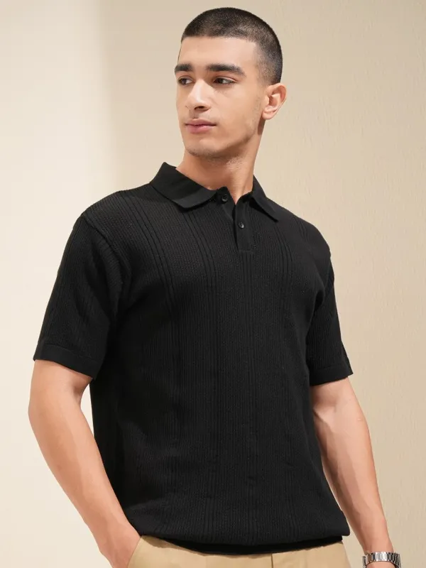 Highlander Men Black Self Design Polo T-Shirt