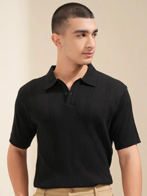 Highlander Men Black Self Design Polo T-Shirt