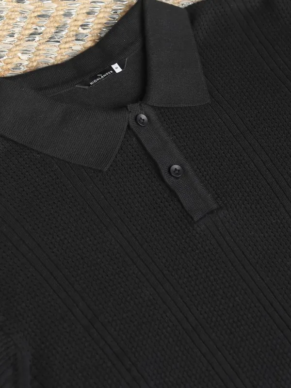 Highlander Men Black Self Design Polo T-Shirt
