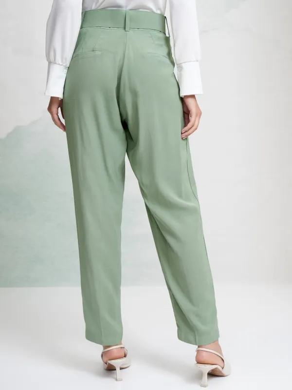 Tokyo Talkies Women Green Solid Straight Fit Casual Trouser
