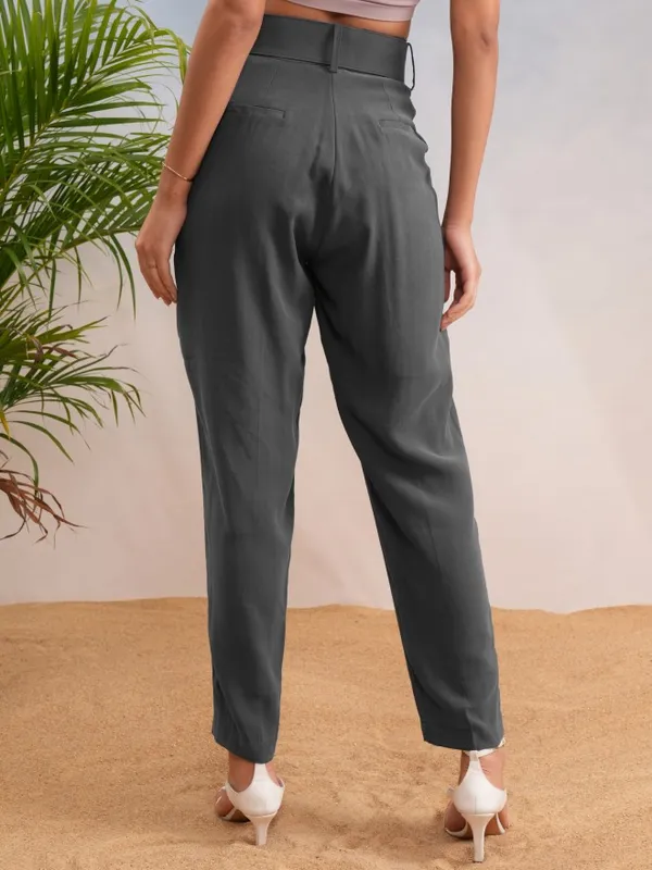 Tokyo Talkies Women Charcoal Solid Straight Fit Casual Trouser