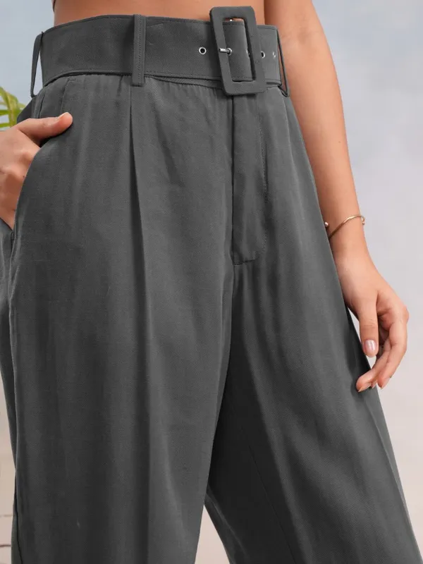 Tokyo Talkies Women Charcoal Solid Straight Fit Casual Trouser