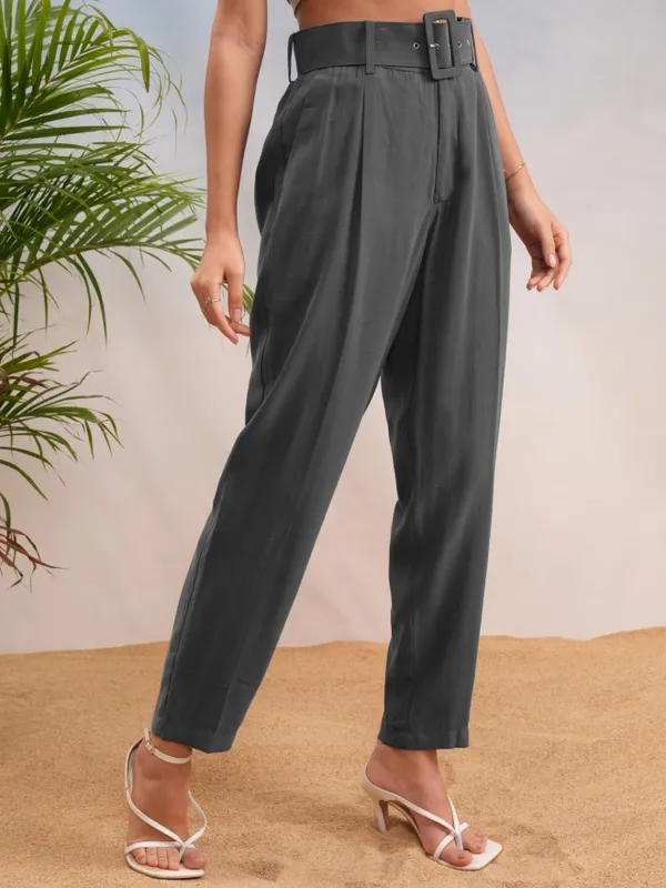 Tokyo Talkies Women Charcoal Solid Straight Fit Casual Trouser