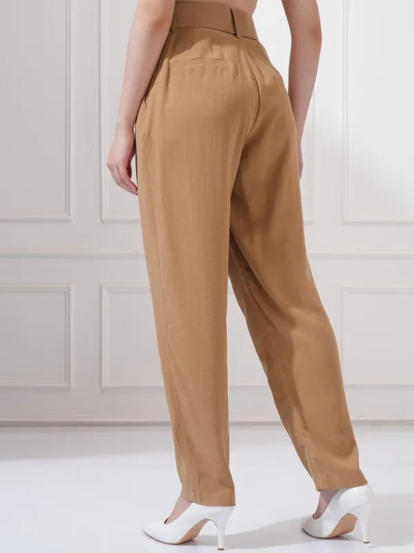 Tokyo Talkies Women Taupe Solid Straight Fit Casual Trouser