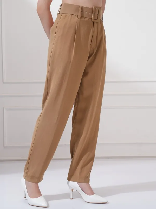 Tokyo Talkies Women Taupe Solid Straight Fit Casual Trouser