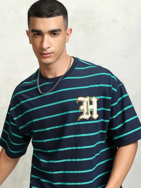 Highlader Men Navy Blue Striped Round Neck Oversized Fit T-Shirt