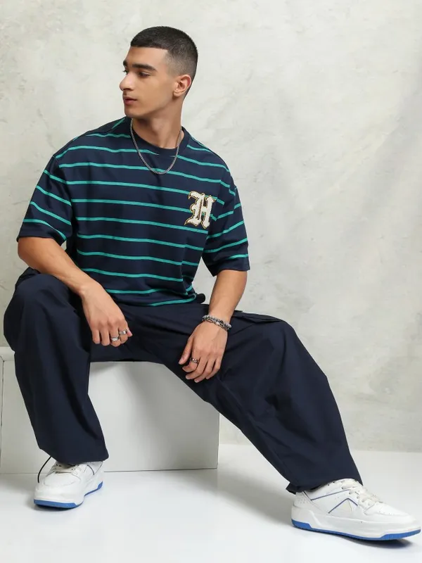 Highlader Men Navy Blue Striped Round Neck Oversized Fit T-Shirt