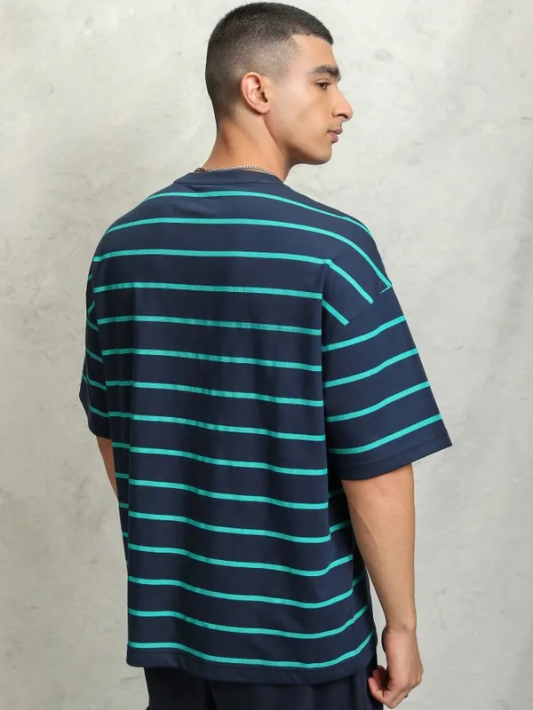 Highlader Men Navy Blue Striped Round Neck Oversized Fit T-Shirt