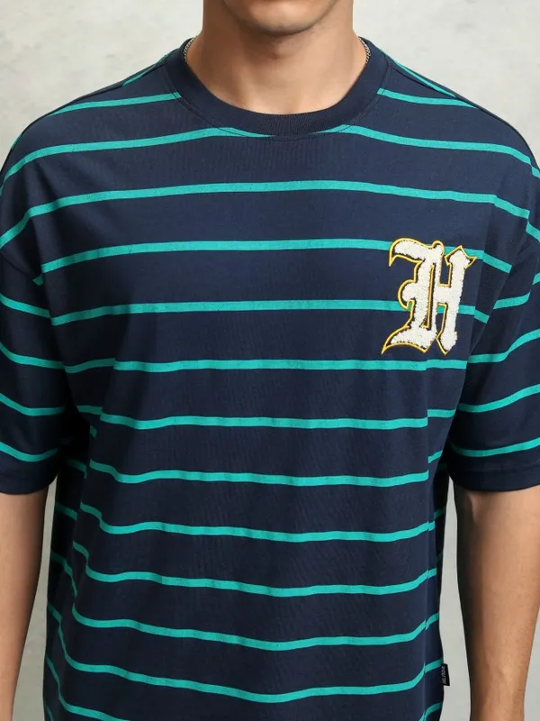 Highlader Men Navy Blue Striped Round Neck Oversized Fit T-Shirt