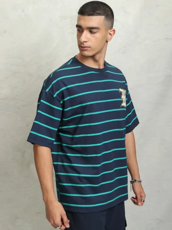 Highlader Men Navy Blue Striped Round Neck Oversized Fit T-Shirt