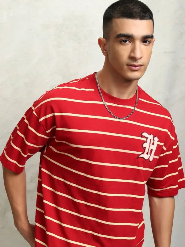 Men Striped Round Neck Oversized Fit T-Shirt