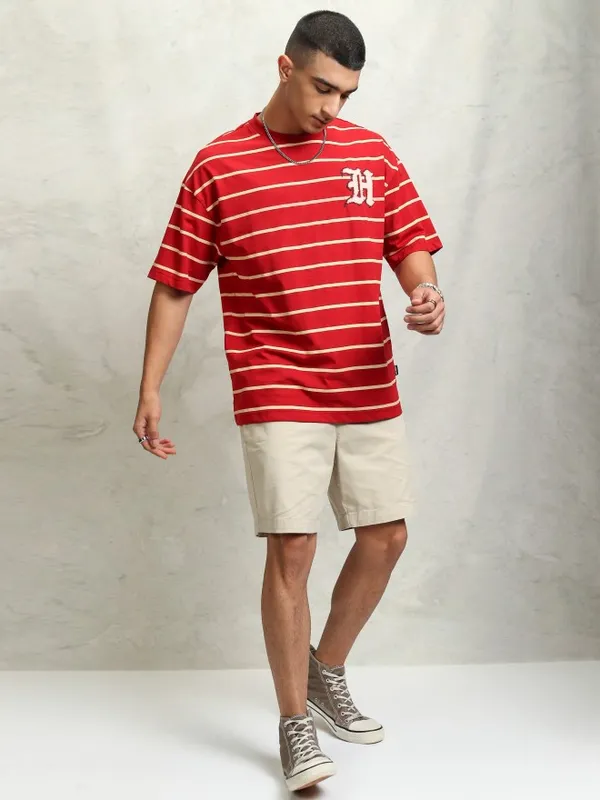 Highlander Men Red Striped Round Neck Dropshoulder Oversized Tshirt