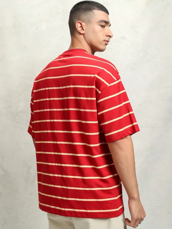 Highlander Men Red Striped Round Neck Dropshoulder Oversized Tshirt