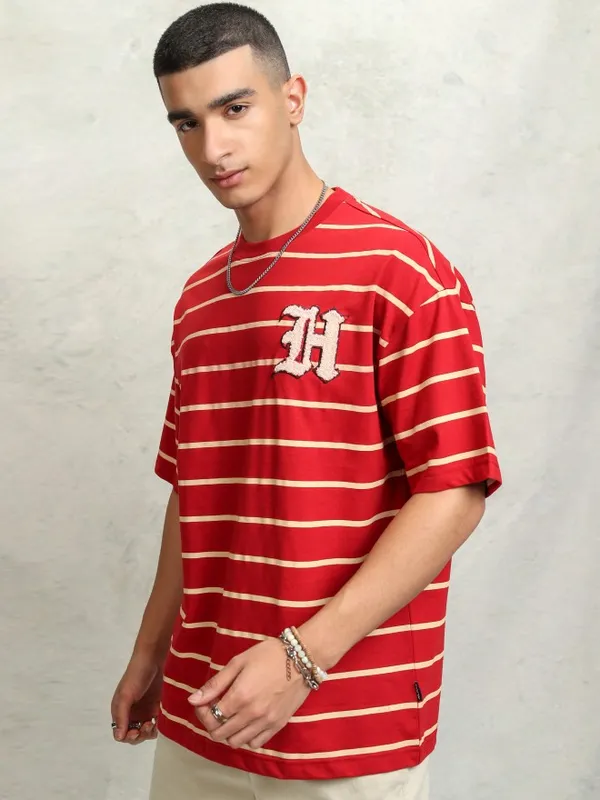 Highlander Men Red Striped Round Neck Dropshoulder Oversized Tshirt