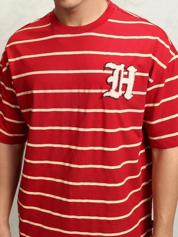 Highlander Men Red Striped Round Neck Dropshoulder Oversized Tshirt