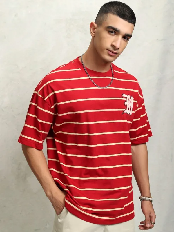 Highlander Men Red Striped Round Neck Dropshoulder Oversized Tshirt
