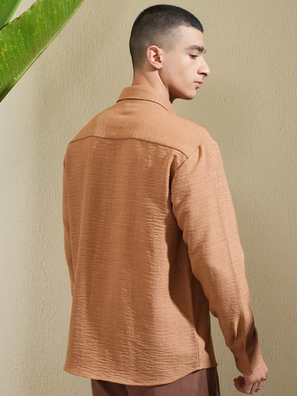 Highlander Men Brown Self Design Relaxed Fit Casual Shirt