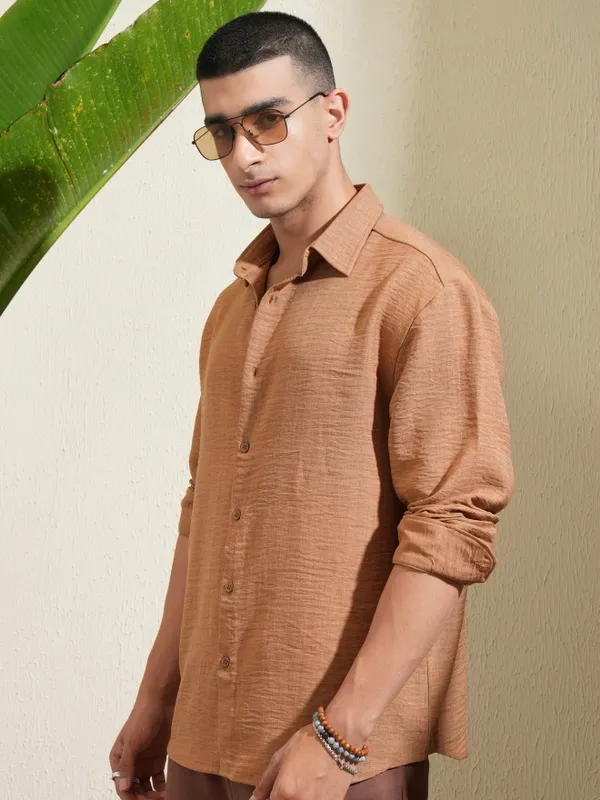 Highlander Men Brown Self Design Relaxed Fit Casual Shirt