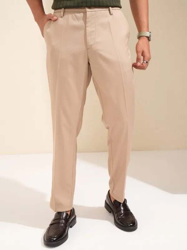 Highlander Men Beige Slim Fit Solid Formal Trouser