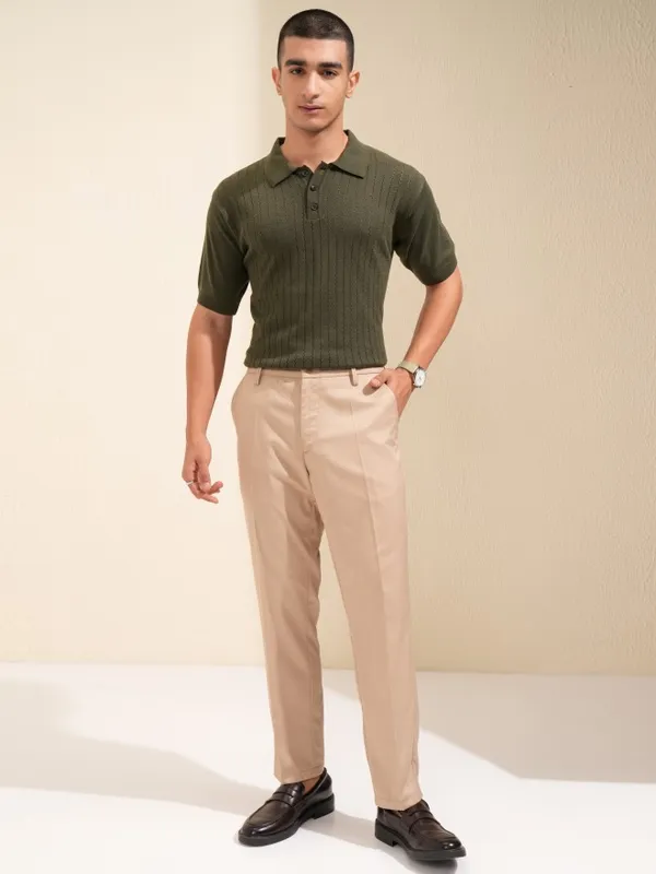 Highlander Men Beige Slim Fit Solid Formal Trouser