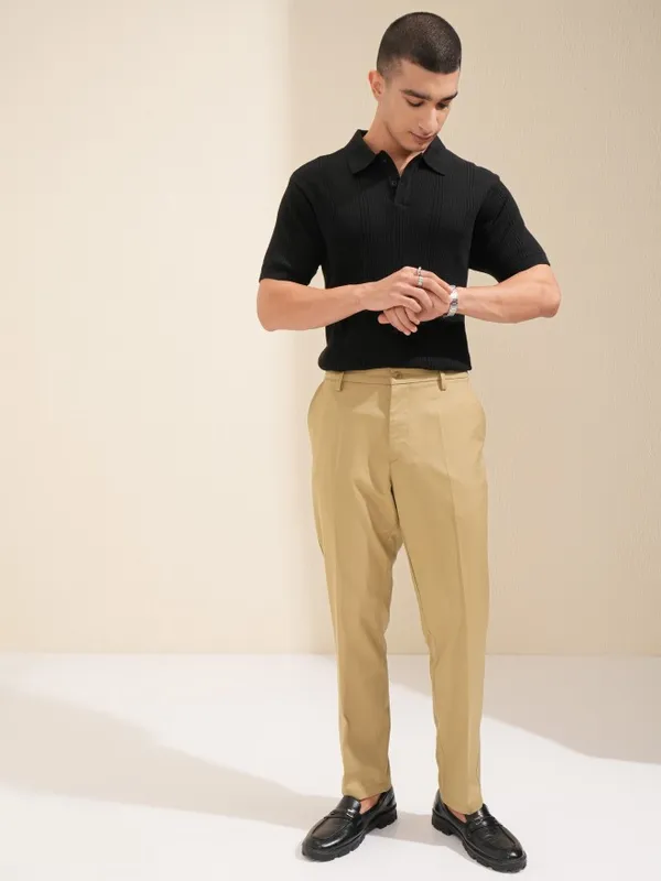 Highlander Men Khaki Slim Fit Solid Formal Trouser