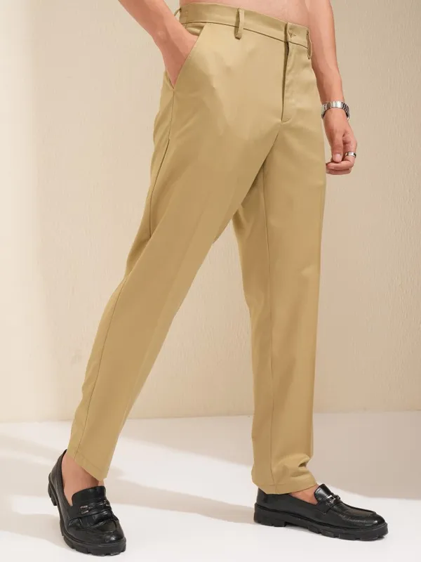 Highlander Men Khaki Slim Fit Solid Formal Trouser