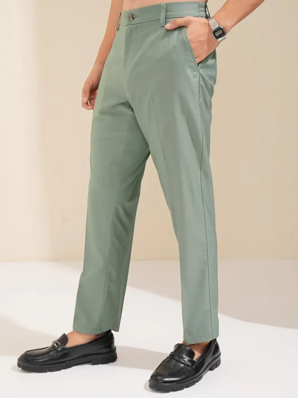 Highlander Men Olive Slim Fit Solid Formal Trouser