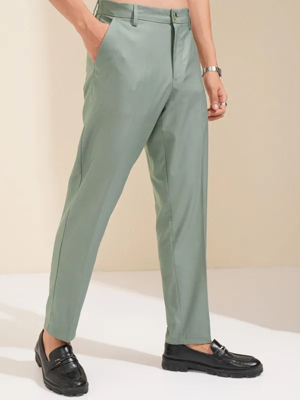 Highlander Men Olive Slim Fit Solid Formal Trouser