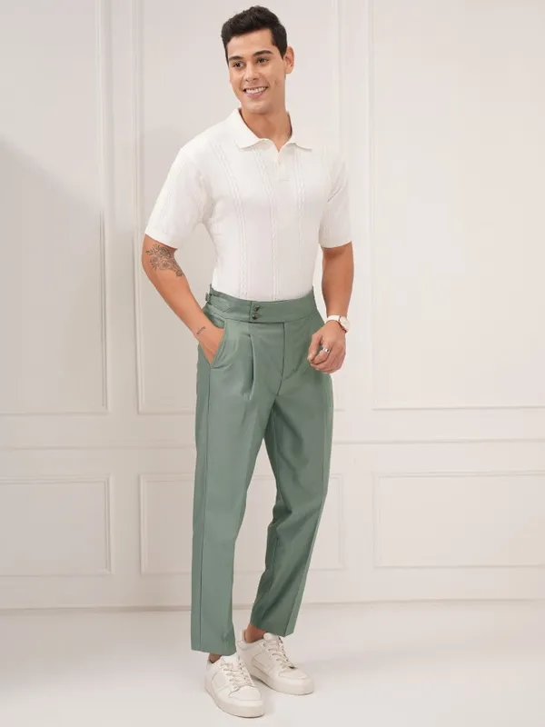 Highlander Men Olive Tapered Fit Solid Formal Trouser