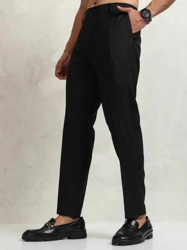 Highlander Men Black Tapered Fit  Solid Formal Trousers