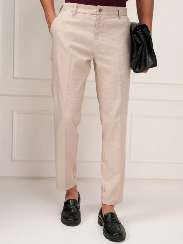 Highlander Men Beige Slim Fit Checked Formal Trouser