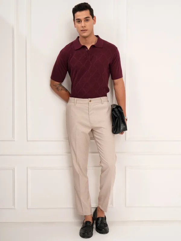 Highlander Men Beige Slim Fit Checked Formal Trouser