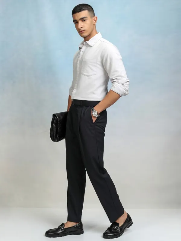 Highlander Men Navy Blue Slim Fit Solid Formal Trouser