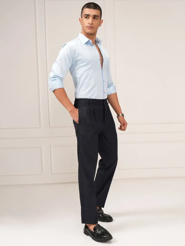 Highlander Men Navy Blue Slim Fit Solid Formal Trouser